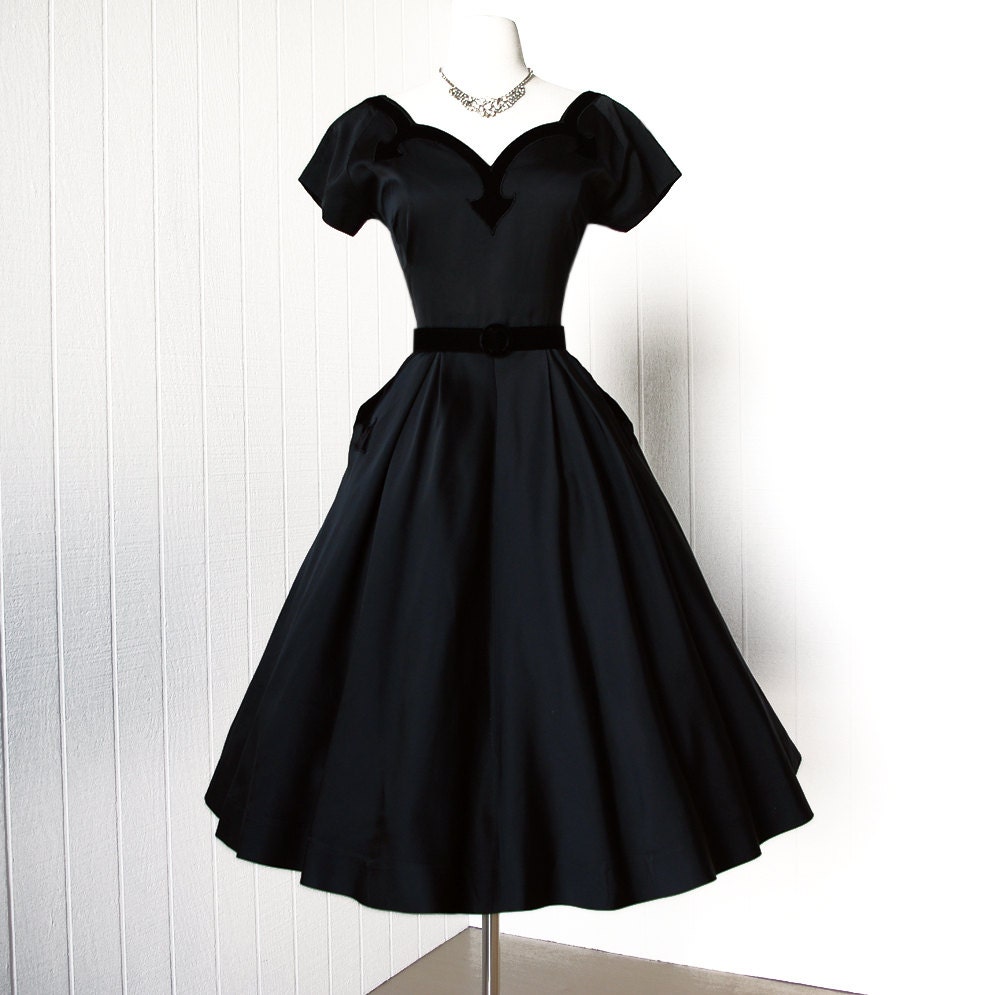 vintage 1950's dress ...decadent classic MATTE BLACK SATIN and velvet appliques full skirt pin-up cocktail party dress
