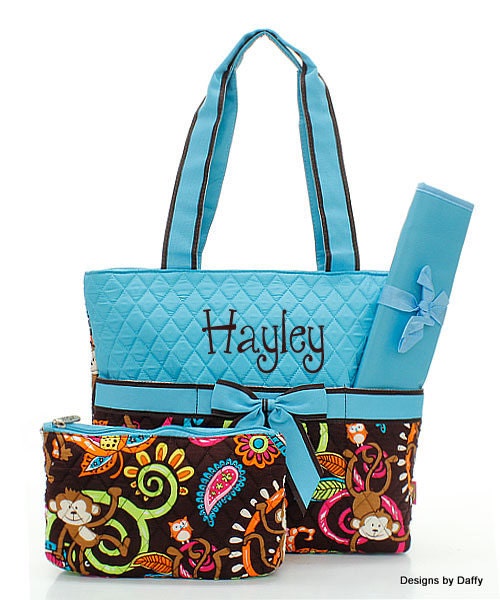 Monkey Pattern Quilted Personalized Diaper Bag