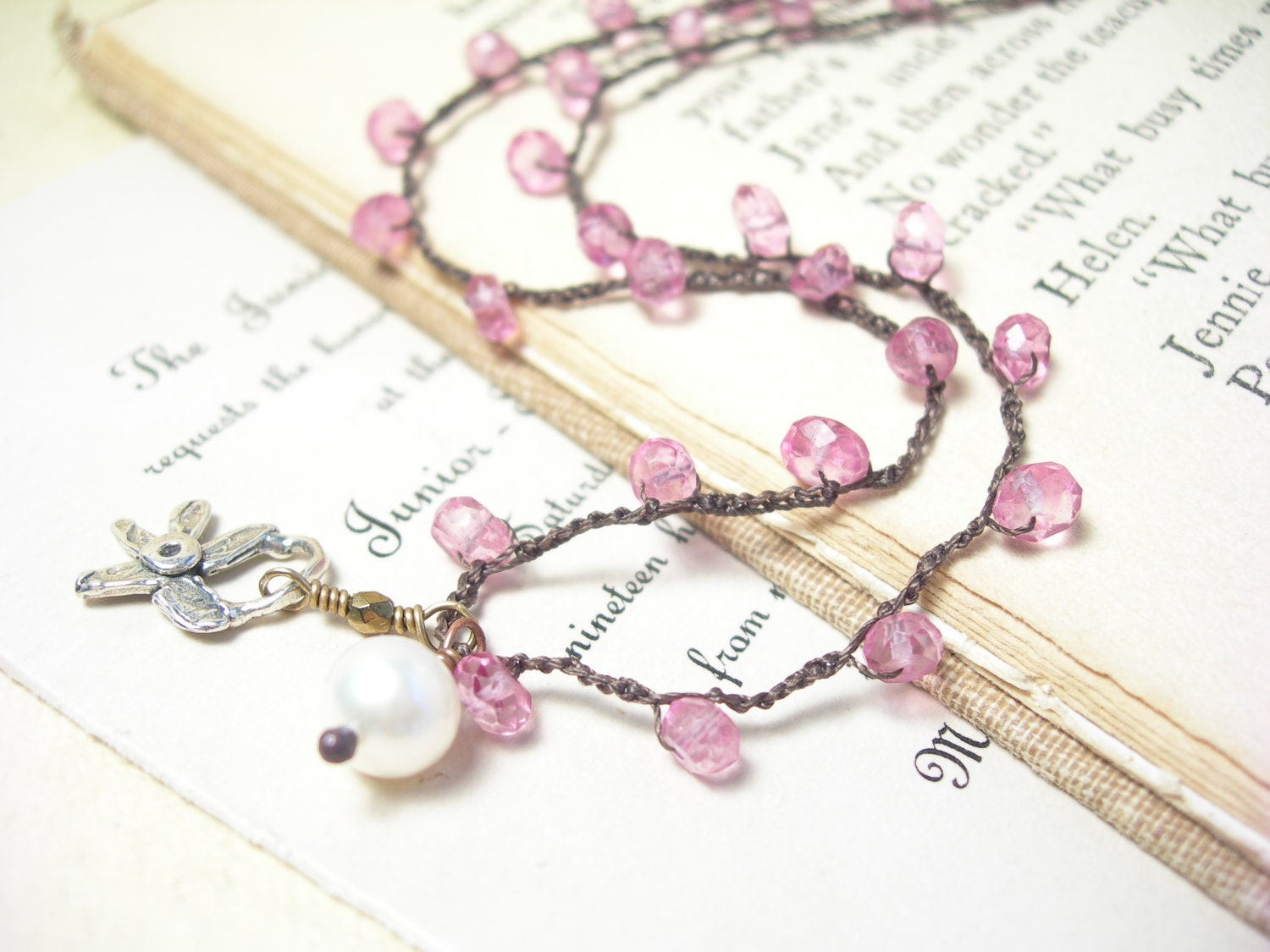 Pink necklace handmade crocheted sterling silver flower charm - pamelasjewelry