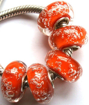 Orange bubbles Charm glass bead fits European bracelets earrings necklaces glass silver core large hole lampwork bead charm