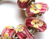 Pink red white yellow flower silver core bead fits European bracelets earrings necklaces glass silver core large hole lampwork bead charm