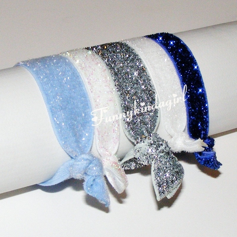 Winter Ice Glitter Elastic Hair Ties Set 5/8 and 3/8  inch  Ponytail Bracelets Icy Blue Royal Silver White Iridescent - Funnykindagirl