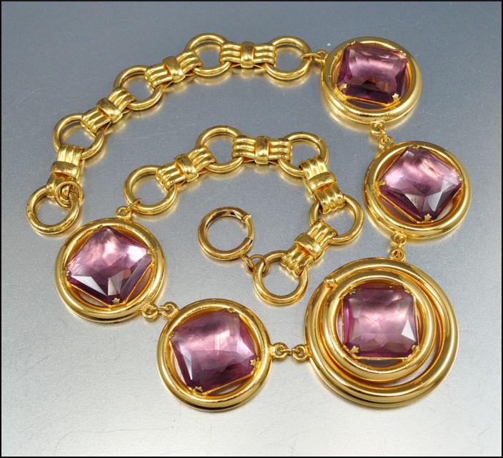 Purple Glass Gold Necklace Bookchain Statement Necklace Bow Vintage 1960s Jewelry