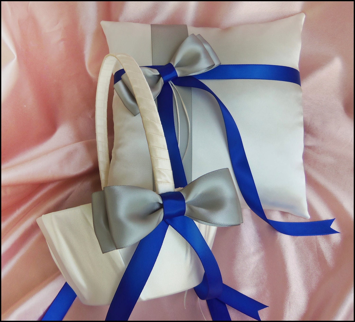 Royal Blue and Grey Wedding Pillow and Basket Ring by All4Brides