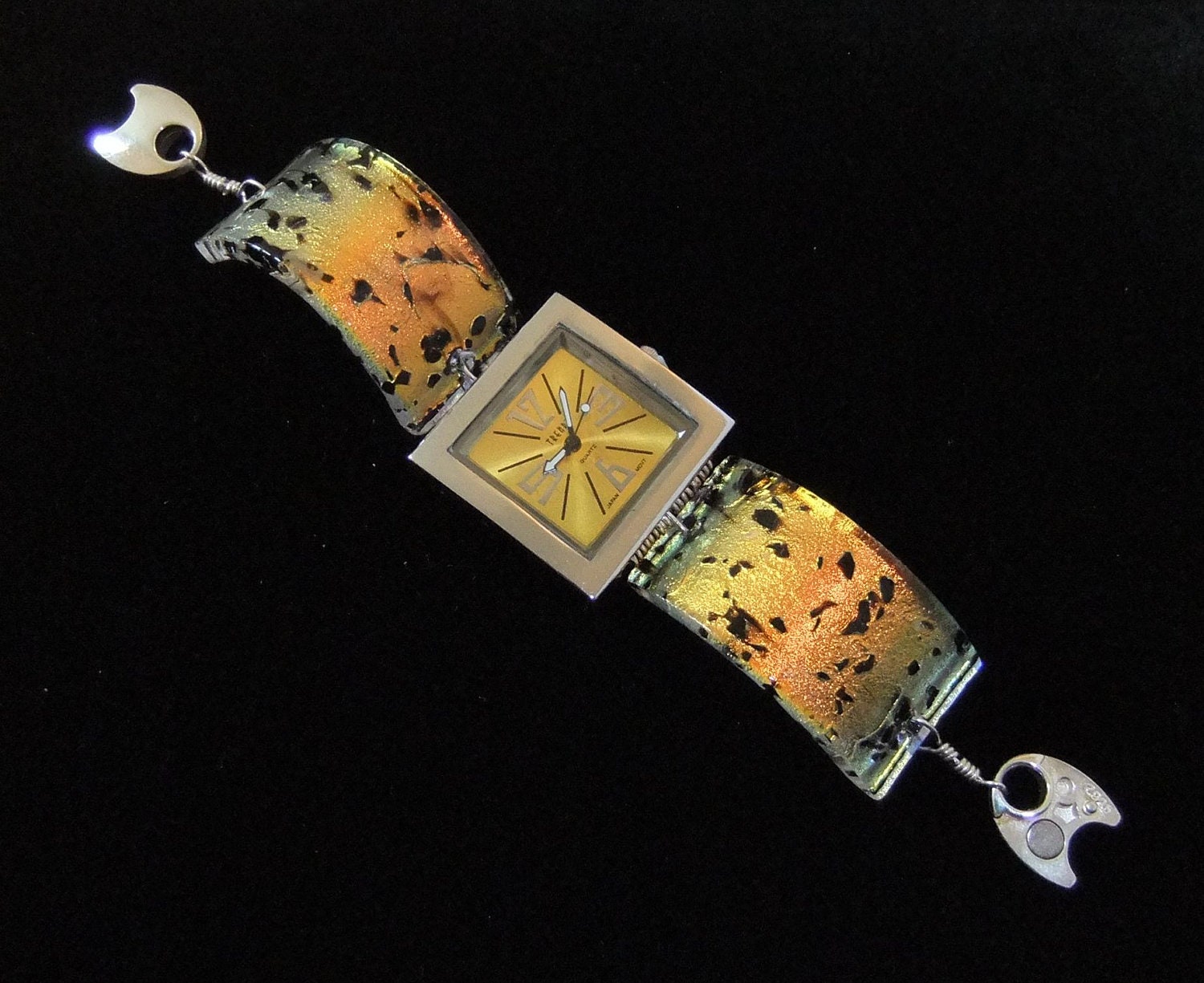 Fused Glass Watch Dichroic Trendz Quartz watch Gold Yellow and Black with sterling magnetic clasp  - W104
