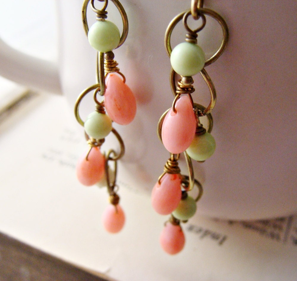 Coral Bright Green Gaspeite Antiqued Brass Link Chain Earrings
