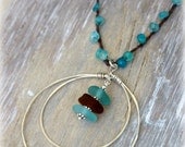 Sea Glass Necklace Hand forged Silver Rings and Sea Glass Pendant with Waxed Linen and Stone