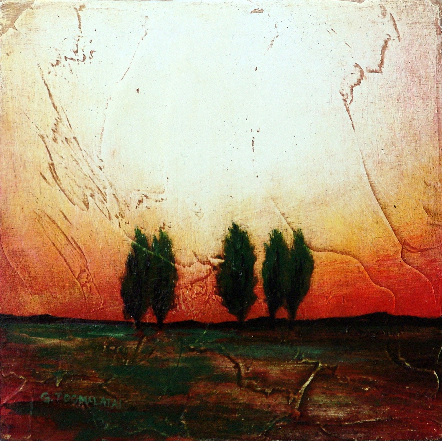 Tree painting with sunset original oil painting on wood panel 8 x 8 inches