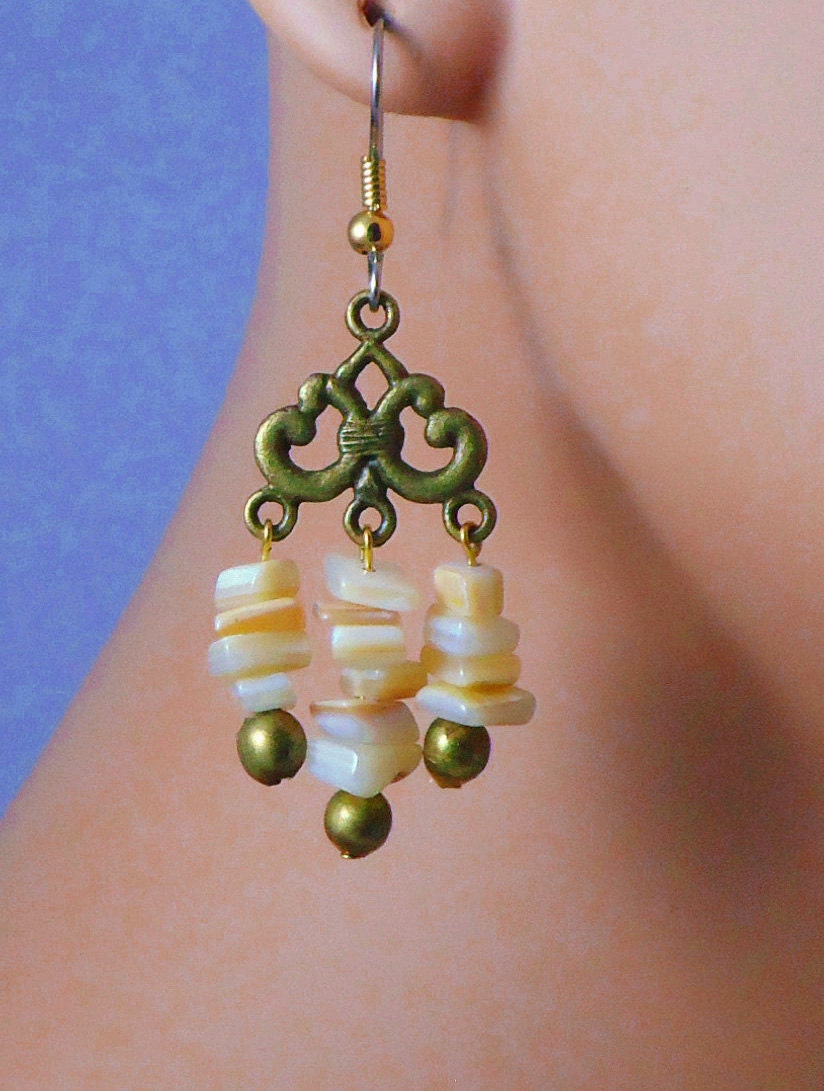 Vintage Brass and Shell Dangle Earrings