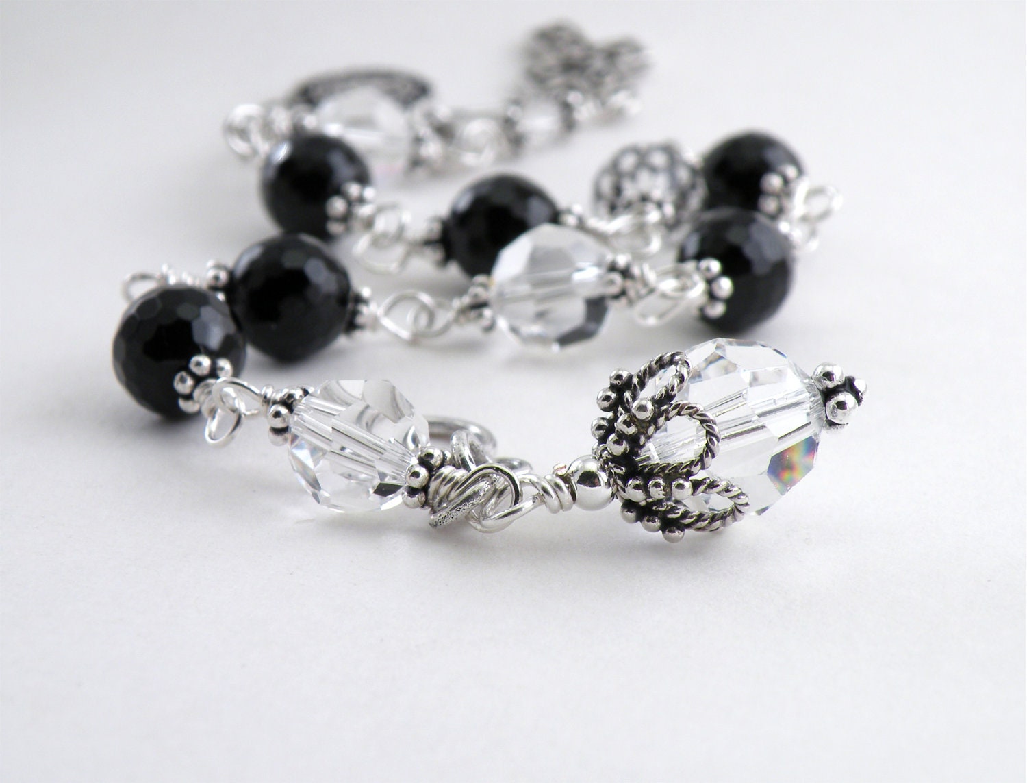 Handmade Sterling Silver Swarovski Crystal and Black Onyx Rosary Bracelet