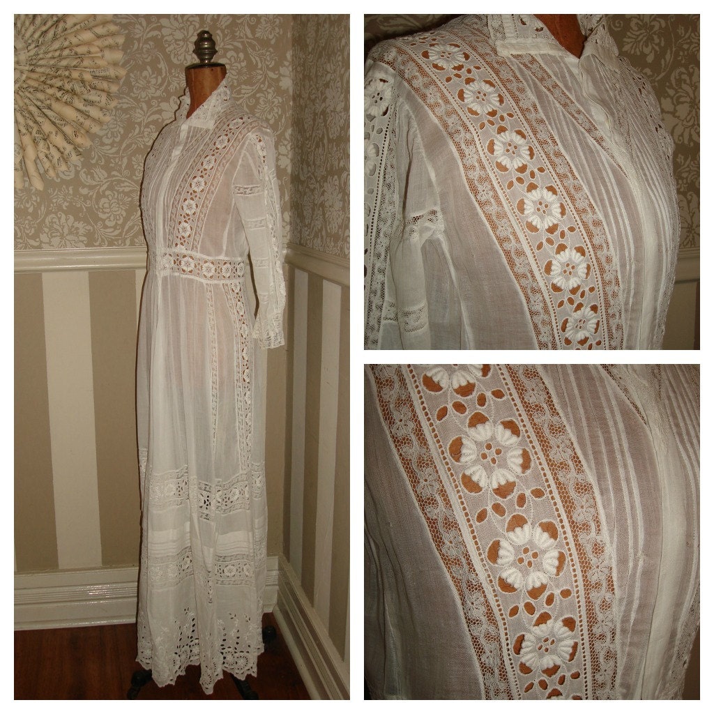 Antique 1900s Victorian Gatsby Cotton and Lace Eyelet Lawn Dress Stella Ranae Vintage S