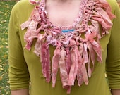 Crochet scarf necklace: silk cotton fiber art multicolor women's scarflette in muted peach gold vintage fabric half moon i877