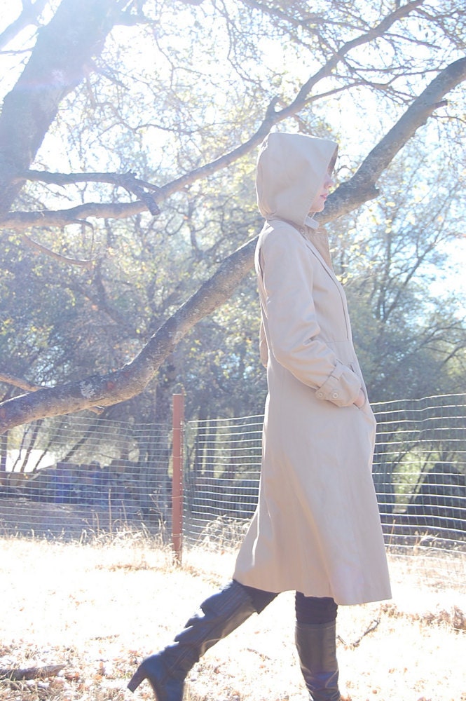 Trench Coat Vintage Tan Twill Wool Hooded Spy Trench Coat (s m)