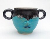 Face Mug- Double Handle Turquoise and Pewter- Folk Fantasy- pottery (was 53)