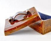 Ceramic Box - Gorgeous brown and blue keepsake box with curly handle lid