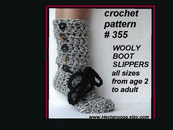 CROCHET Pattern SLIPPERS, WOOLY Boot Slippers num. 355 all sizes from age 1 to adult Permission to sell your finished slippers.