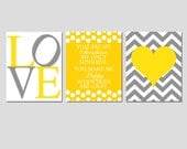 Modern Nursery Trio - Set of Three 11x14 Prints - You Are My Sunshine, LOVE, Chevron Heart - Choose Your Colors - Shown in Yellow and Gray