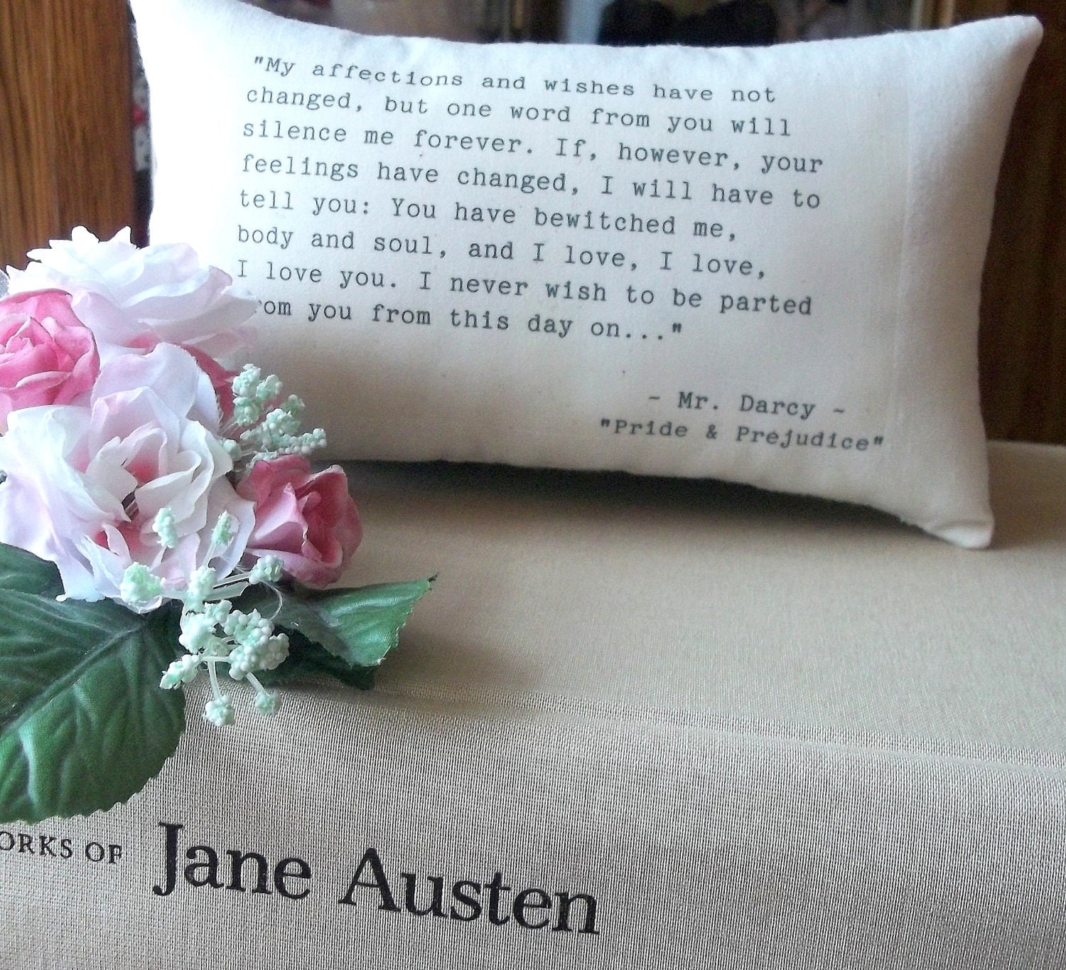 Jane Austen-Pride and Prejudice-'Mr Darcy's Declaration'-Miniature Quotation Pillow-Black Toile