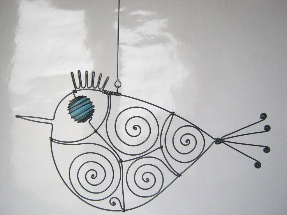 Metal Sculpture Turquoise - Eyed Wire Bird