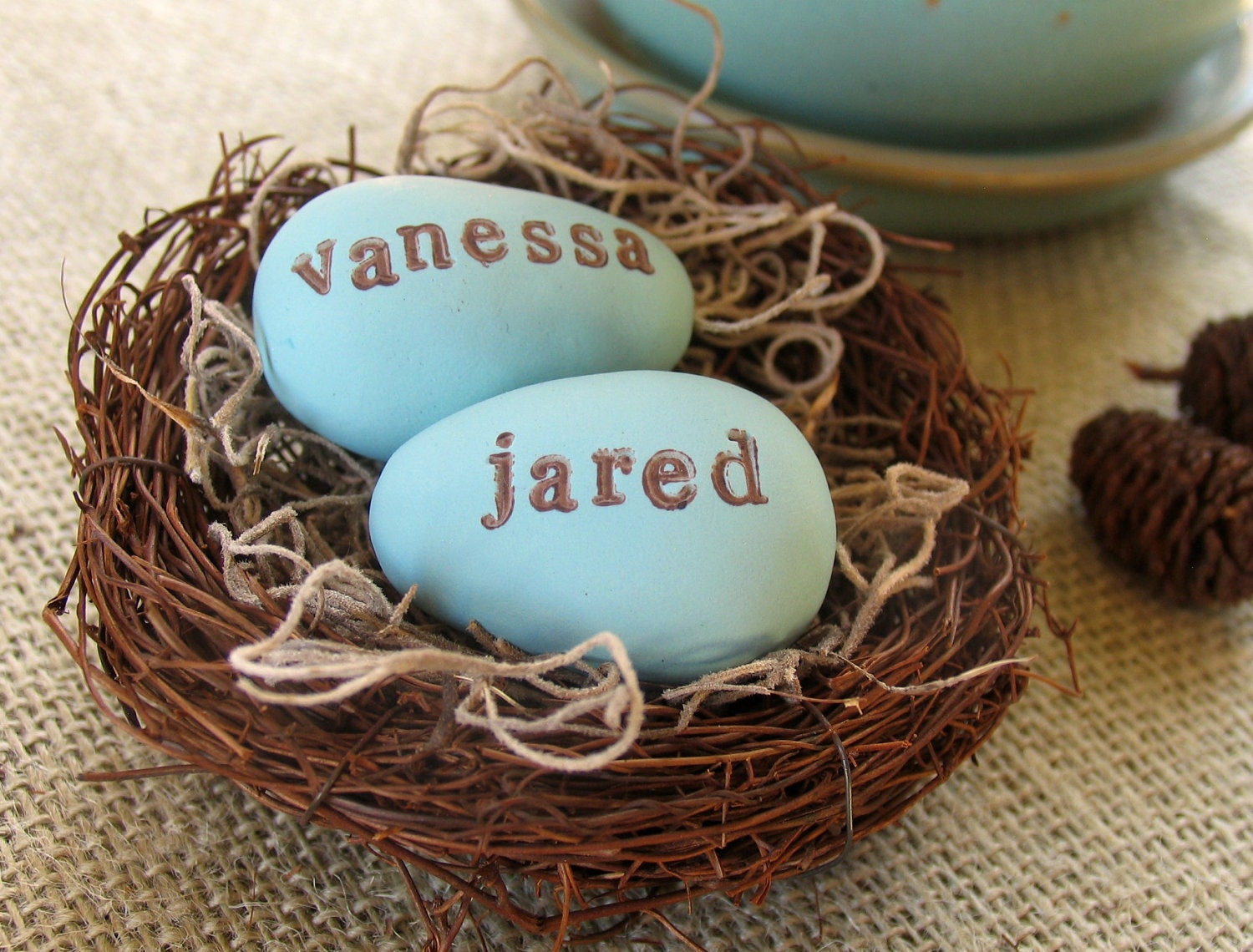 personalized COUPLE NEST: 2 clay bird eggs/ wedding nest/ cake topper/ woodland