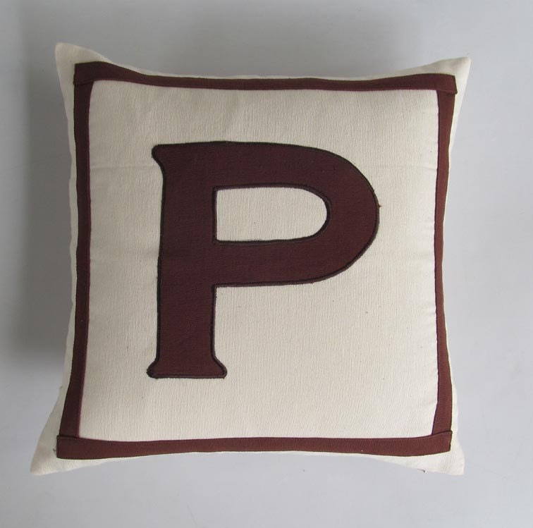Letter P monogrammed pillow cover in cream and brown In stock