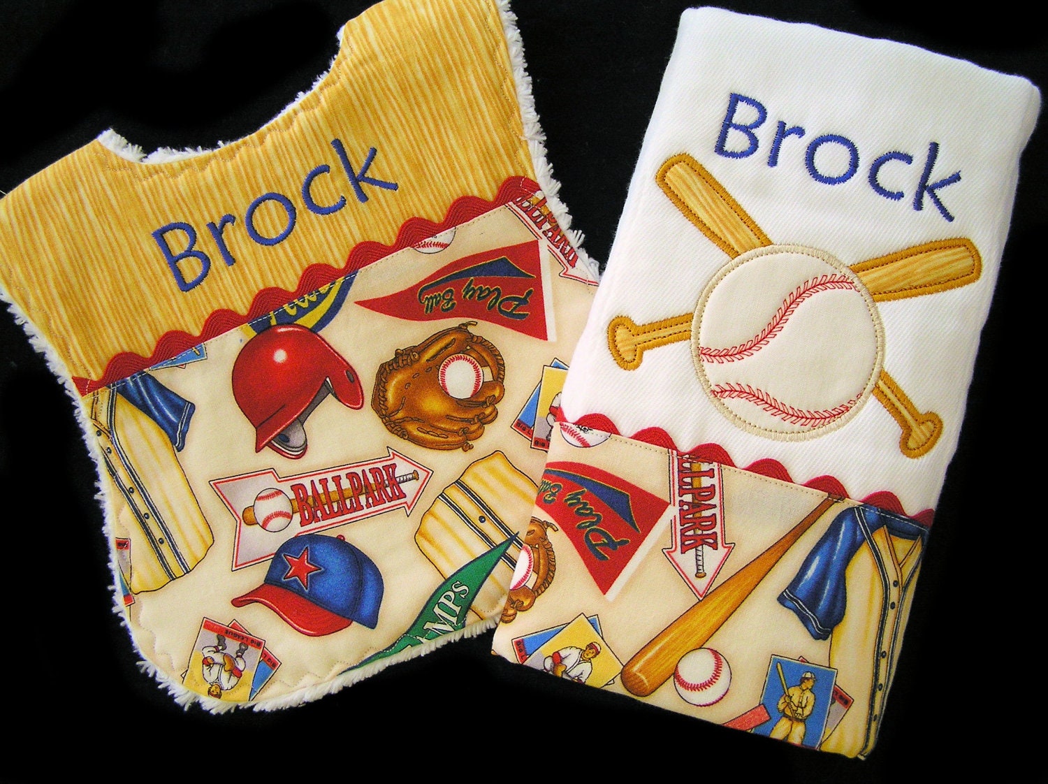 Personalized Baby Bib and Burp Cloth - Gift Set - White Chenille - Home Run