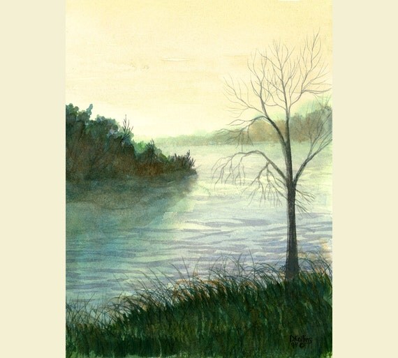 Landscape Painting Print foggy River Watercolor by derekcollins