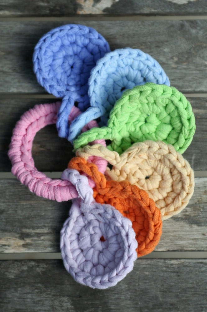 handheld pastel rainbow, crocheted t-shirt yarn key ring toy for baby by yourmomdesigns(rts)