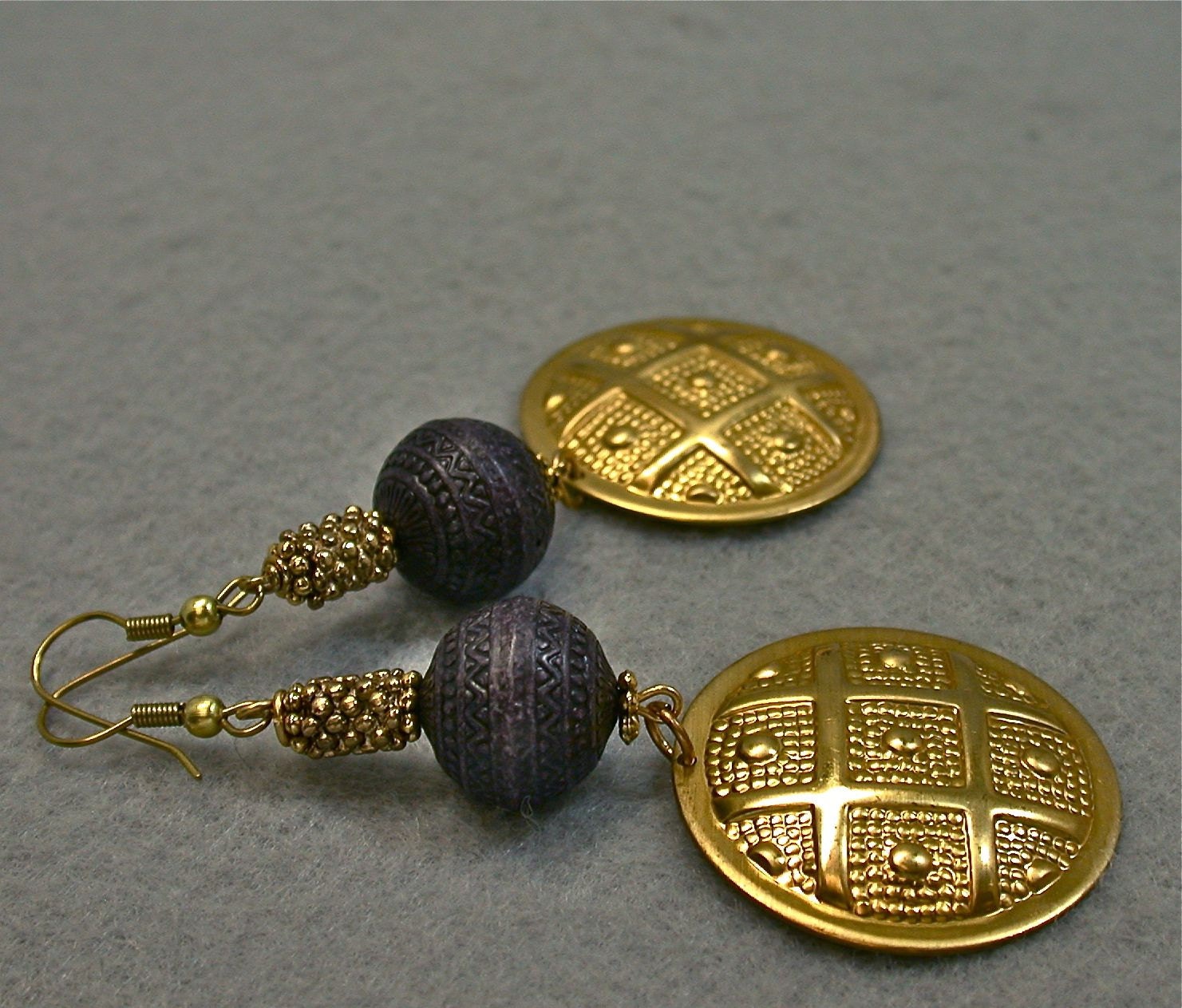 Vintage Bead Earrings Gold Plated Embossed Dangle, Purple Etched Lucite