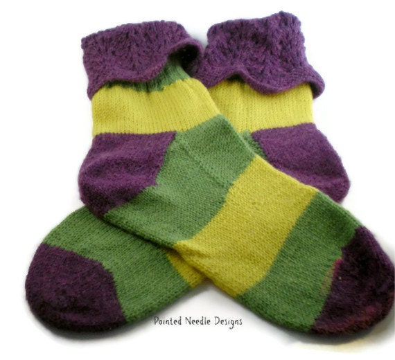 Socks - Hand Knit Socks with Green, Yellow and Purple Stripes and  Lace Cuffs