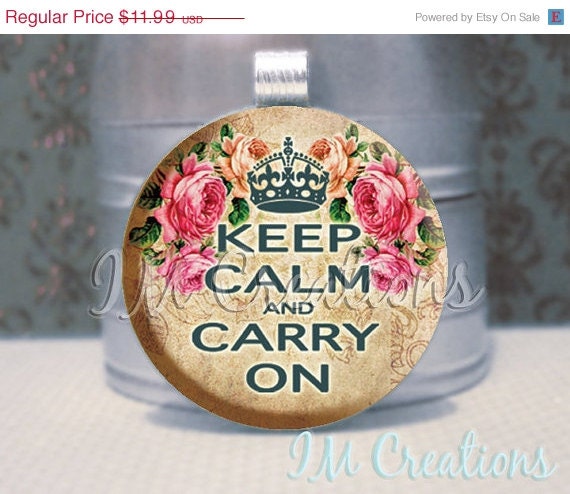 ON SALE - Round Wood Pendant Necklace - Keep Calm and Carry On Roses (RND175)