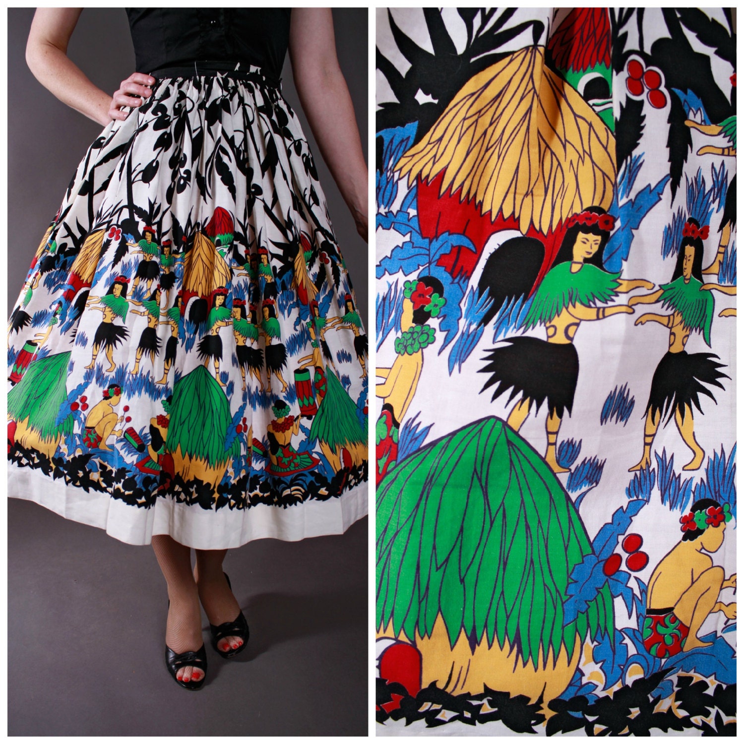 Vintage 1950s Skirt - Hawaiian Natives Novelty Print Full Skirt
