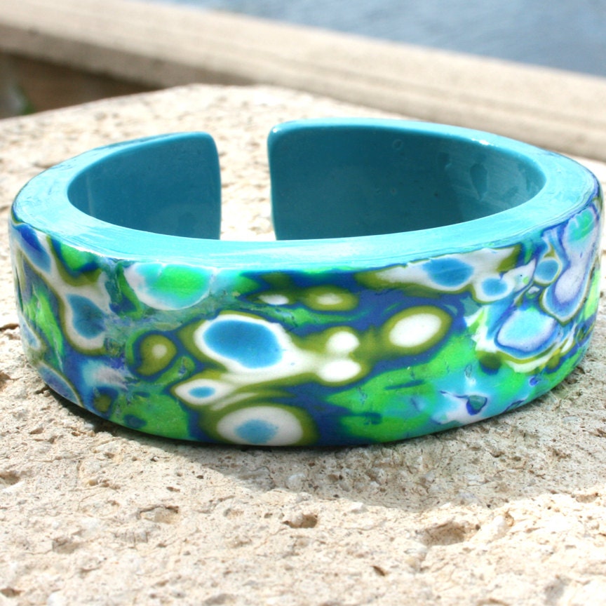 Cuff Bracelet in Tropical Turquoise and Lime Green Polymer Clay Jewelry