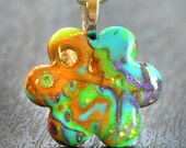 Polymer Clay Flower Pendant in Deep Ocean Blue Lime and Gold Leaf on Silver Chain