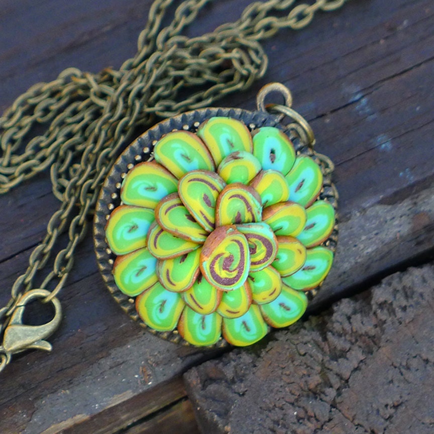 Polymer Clay Lotus Flower Bezel Pendant in Green and Copper on Vintage Style Antique Brass Chain