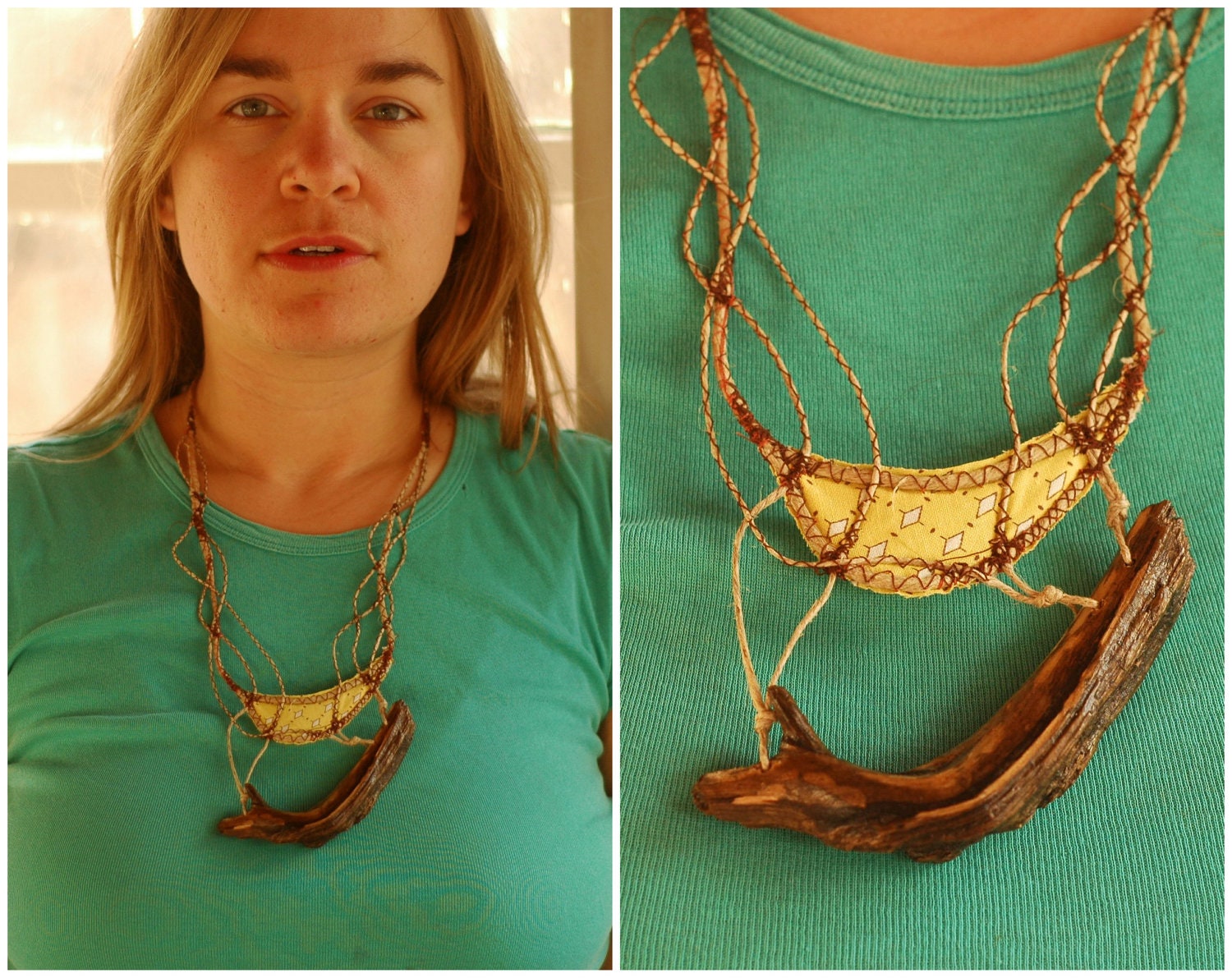 Hippie Necklace - upcycled artisan fiber wood unique jewelry one of a kind natural tree embroidery folk bohemian tribal