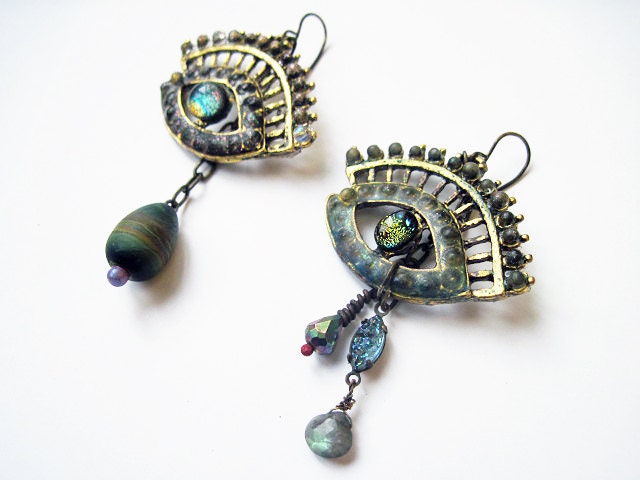 Weeping. Cosmic Iridescent Eye earrings with Lampwork and Labradorite.