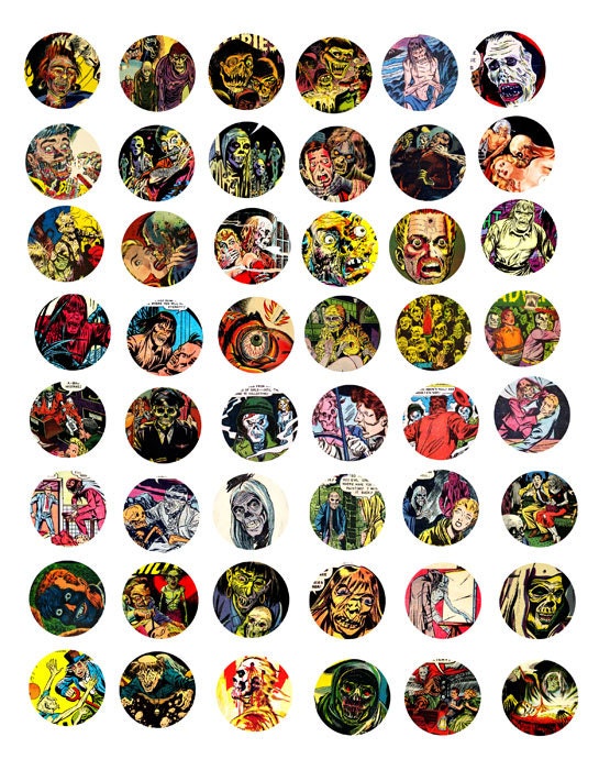 zombie ghouls undead 1 inch circles clip art collage sheet  science fiction horror