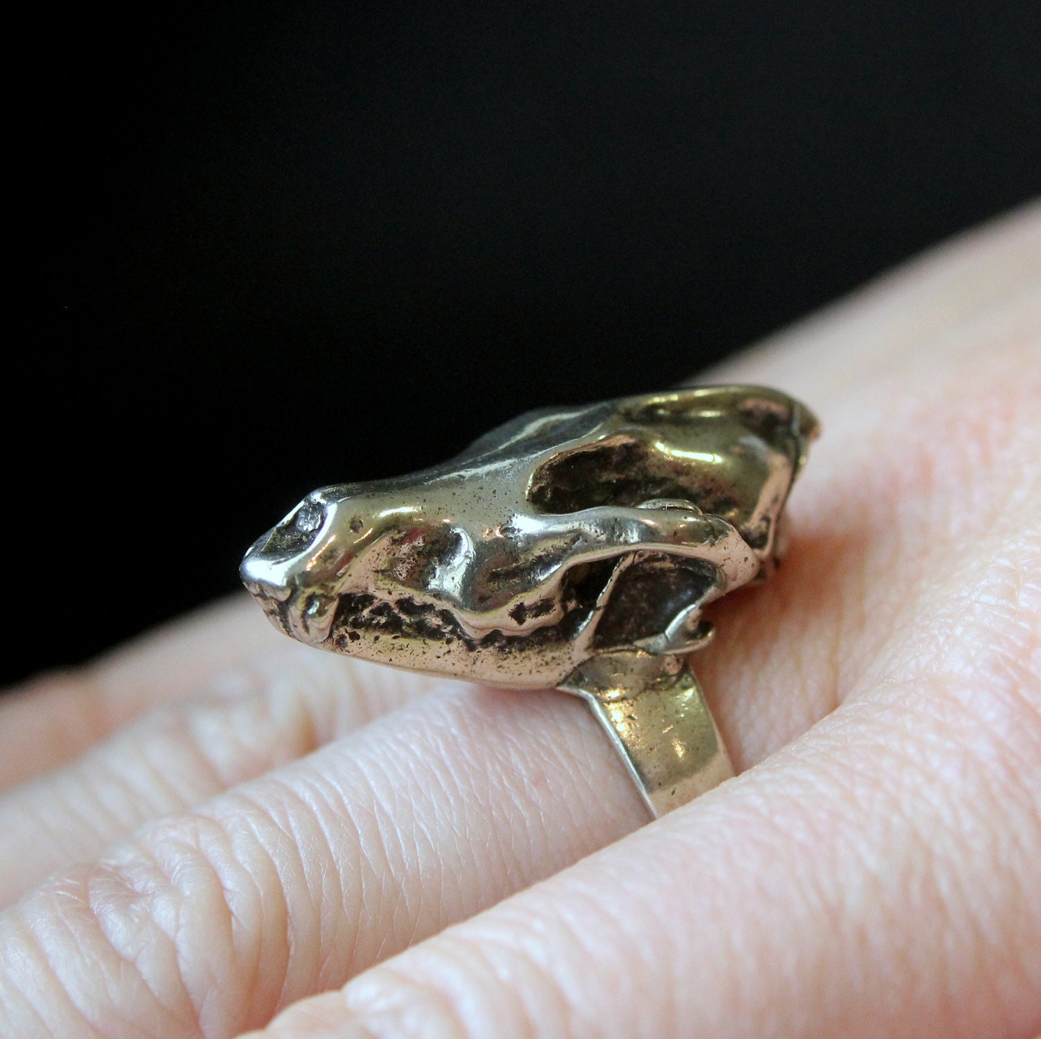 Wolf Skull Ring in Solid White Bronze