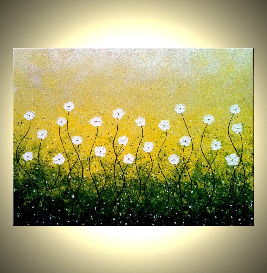 ORIGINAL Flowers Painting, Abstract White Daisies, Textured Impasto Blossoms, Contemporary Abstract Painting by Lafferty 40x30, FREE SHIP