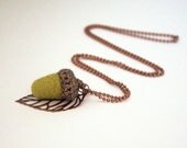 Felted acorn necklace Olive green wool copper brown leaf woodland Weddings autumn Birthday Earth day gift for her favor