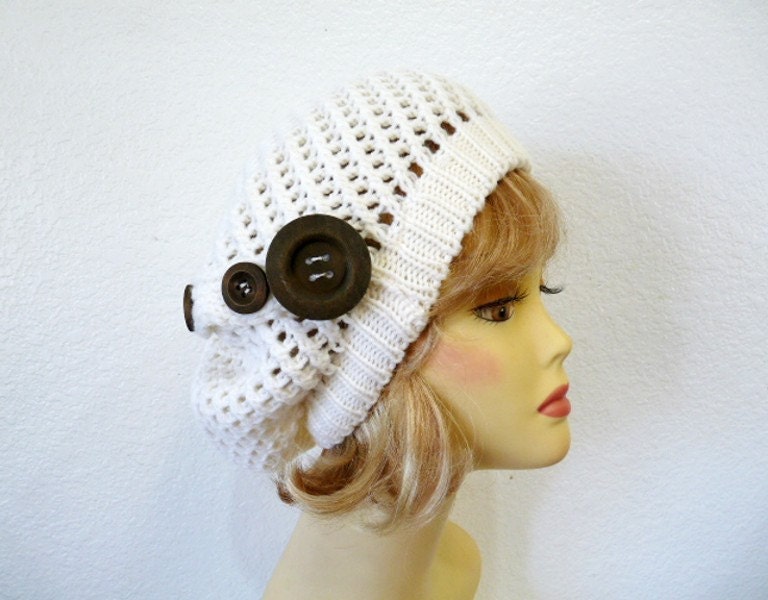 Hand Knit Hat White Slouch Hat with Wooden Buttons Fall Fashion