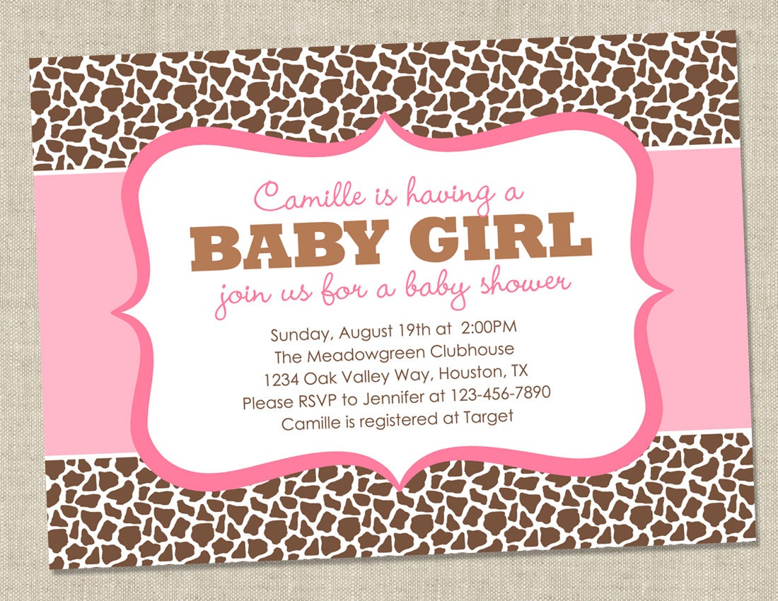 Leopard  or Giraffe Baby Shower Invitation - pink animal pattern - baby girl shower invite (Printable Digital File OR Printed Cards)