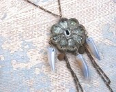 Tribal Talisman Necklace - Blue Agate Teeth and Chains - Antique Hardware Collection