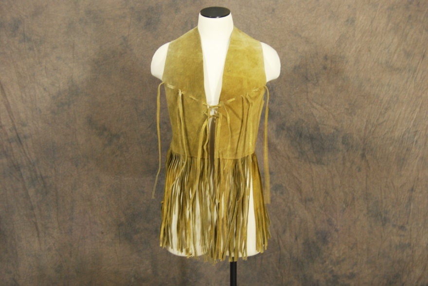 vintage 60s Hippie Vest - Beige Suede Leather Fringe Vest Sz S M