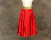 vintage 50s Circle Skirt - Red Satin Full Skirt and Gold Cummerbund Belt Set Sz XS