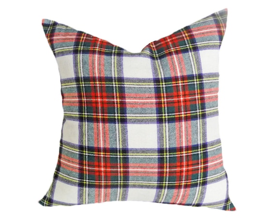 Plaid Decorative PillowS, Traditional Christmas Decor, Wool Tartan, White Red Blue Green Yellow,  Winter Couch Cushion Cover 18x18