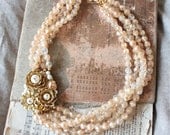 Vintage Brass Flower and Pearl Beaded Statement Necklace - Perfect for weddings.