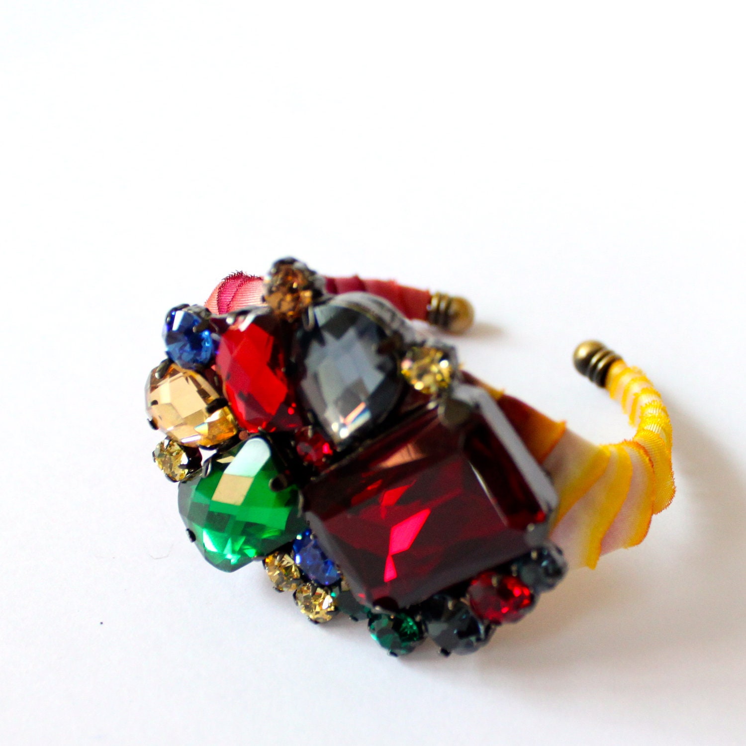 Silk Wrapped Statement Jeweled Cuff Bracelet - One of a Kind with Swarovski Crystals