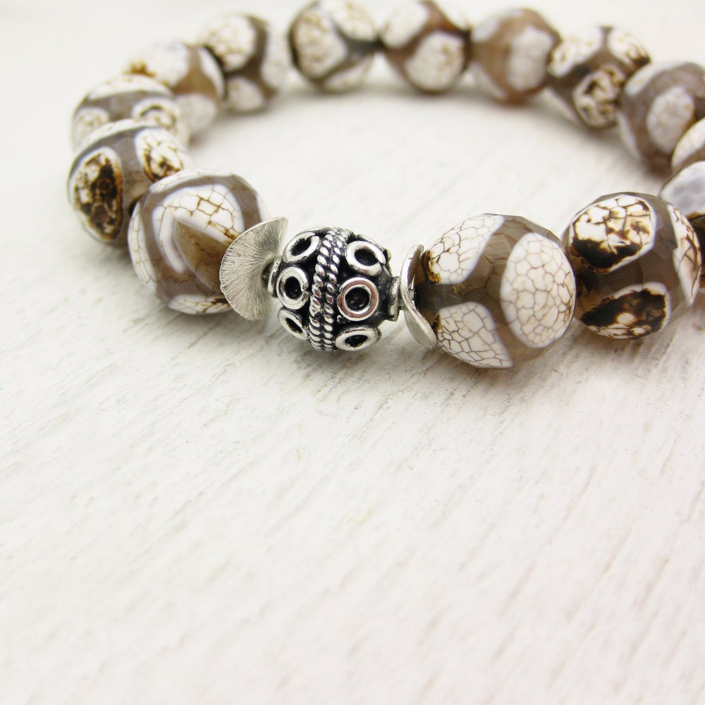 White Mocha Tibetan Agate Beaded Bracelet with Sterling Silver / stacking bracelet / woodland safari inspired bracelet / bohemian bracelet